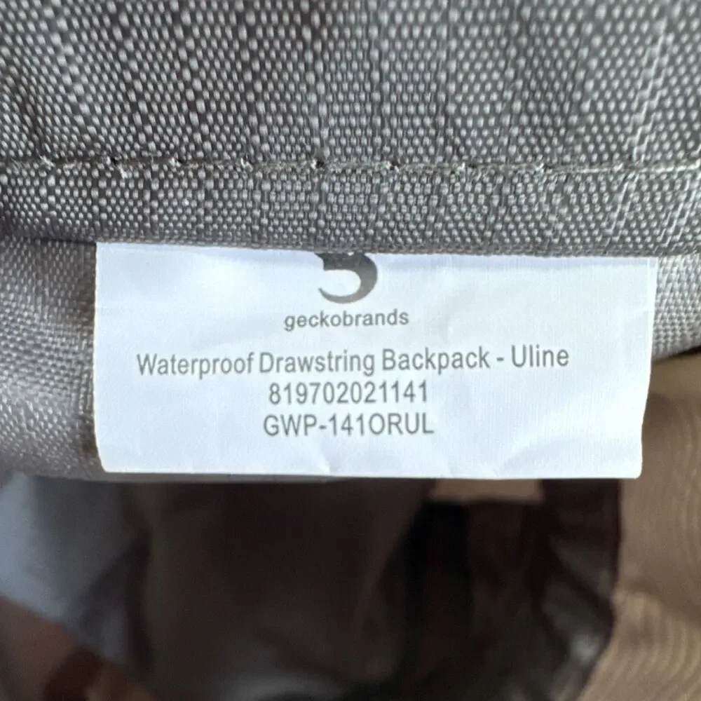 Geckobrands Waterproof‎ Drawstring Backpack Uline Gray Orange Nylon Hiking